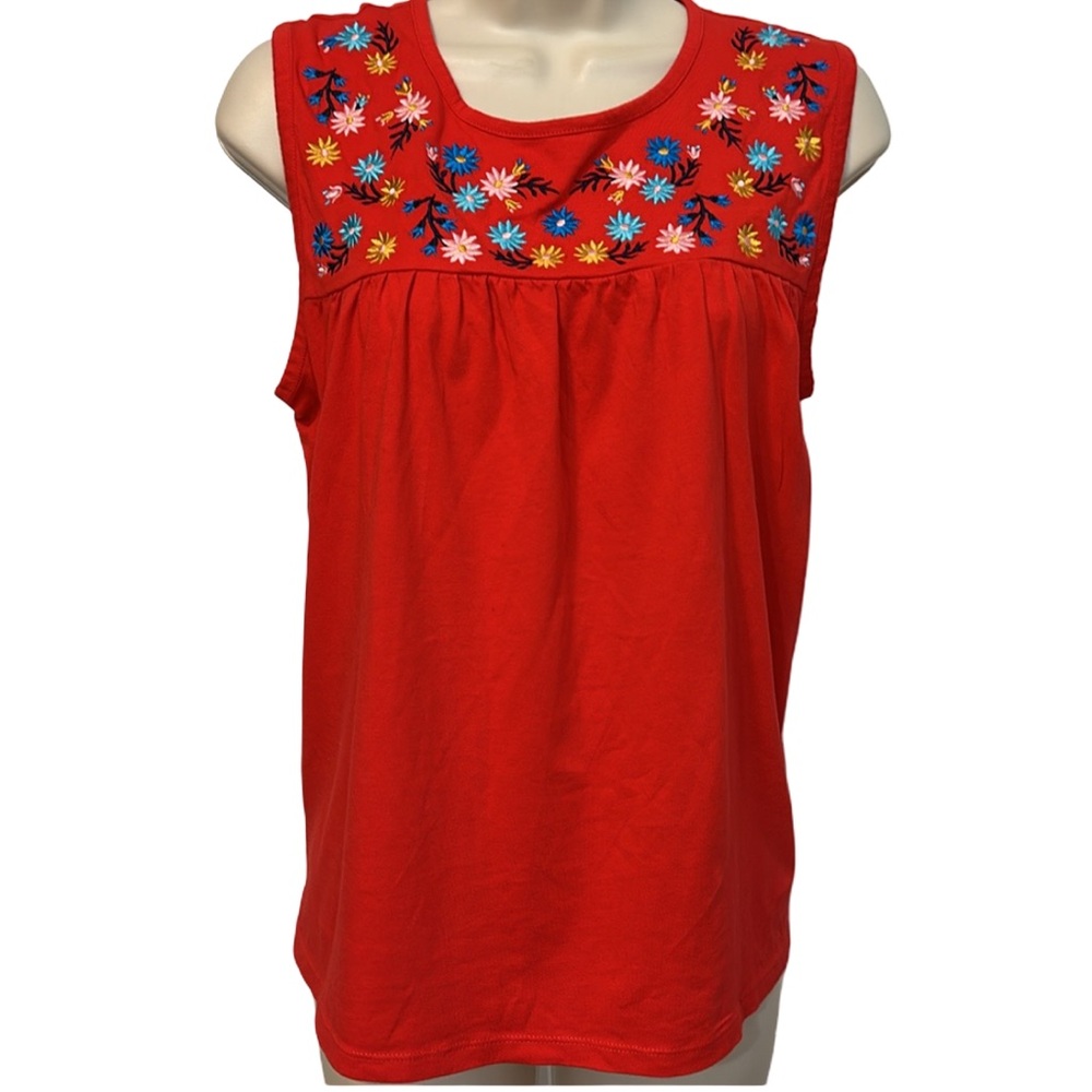 J. Crew Red Floral Embroidered Sleeveless Top